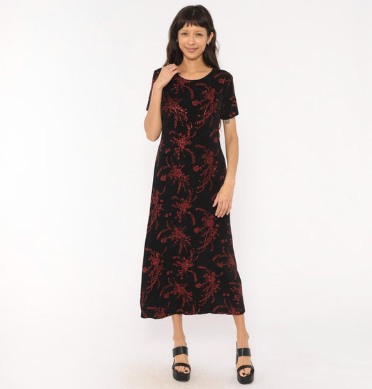 90s Black Maxi Dress Red Glitter Floral Print Short Sleeve Scoop Neck Medium Large