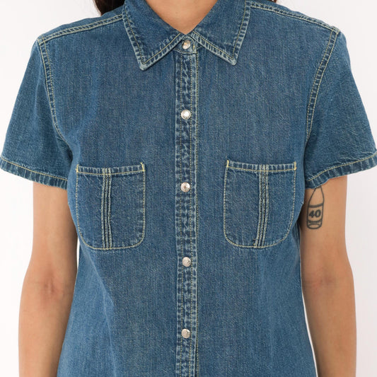 Y2K Tommy Hilfiger Denim Shirt Dress Blue Jean Snap Front Small S