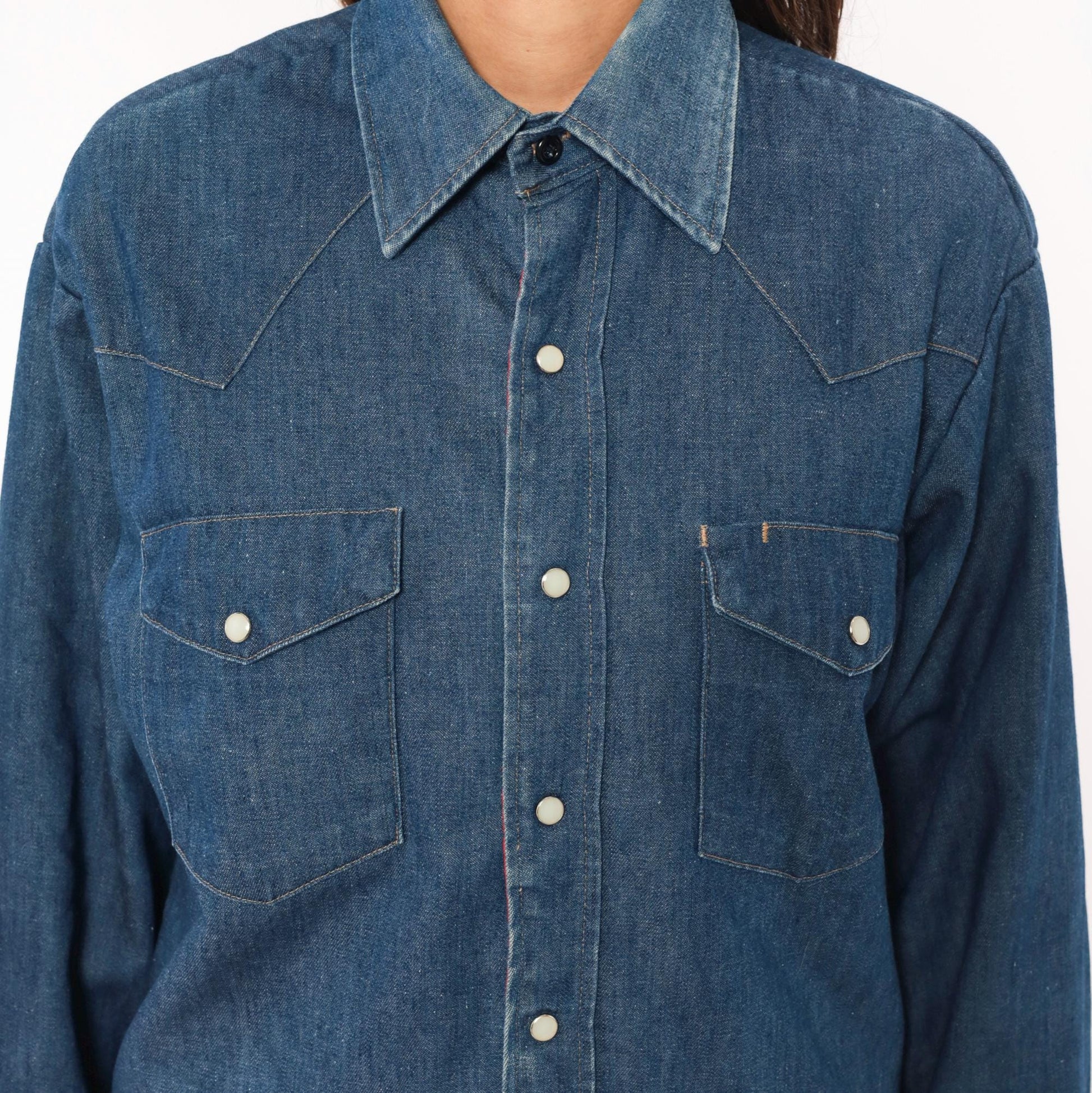 80s JC Penney Western Denim Shirt Cobalt Blue Pearl Snap Yoke Medium