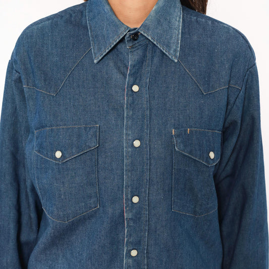 80s JC Penney Western Denim Shirt Cobalt Blue Pearl Snap Yoke Medium