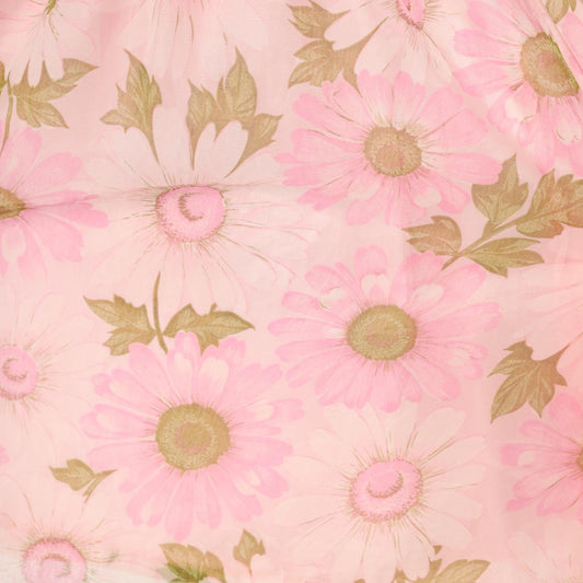 70s Pink Daisy Floral Skirt Gathered Waist A-Line Knee Length Medium Large