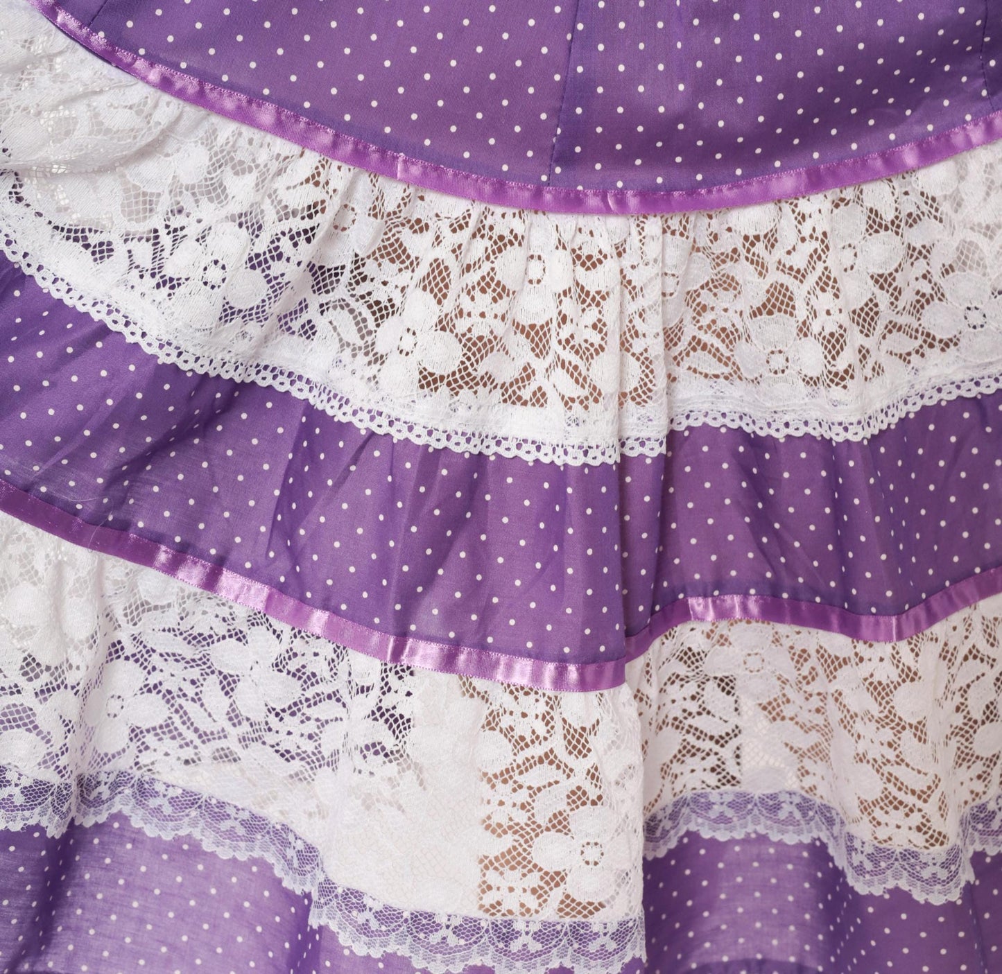80s Purple Polka Dot Tiered Skirt Carefree Fashions Lace Trim Cotton Medium