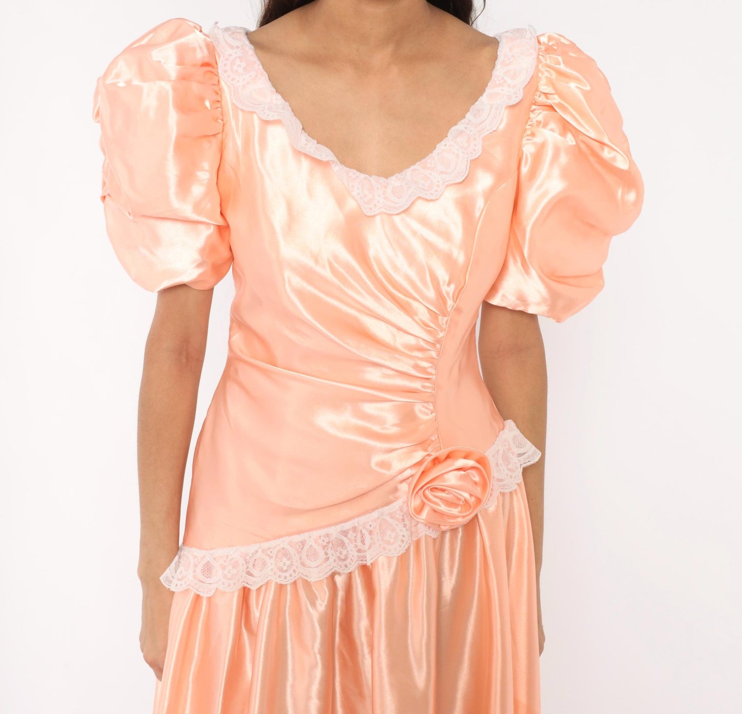 80s Peach Satin Prom Gown Puff Sleeve V Neck Drop Waist Rosette Medium