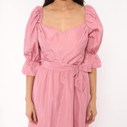 80s Rose Pink Maxi Gown Sweetheart Puff Sleeve Bow Belt Small