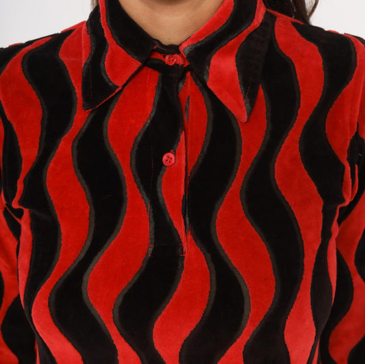 Y2K Psychedelic Wave Collared Shirt Red Black Wavy Stripe Long Sleeve Extra Small