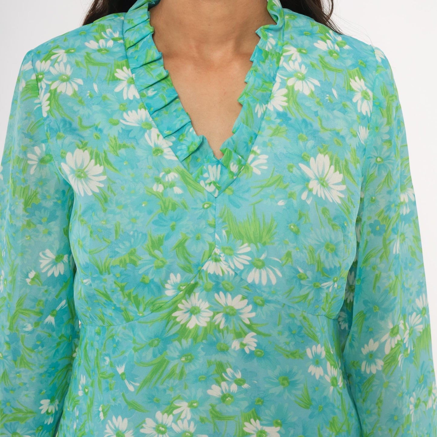 70s Daisy Floral Mini Dress Aqua Bell Sleeve A-Line Large L