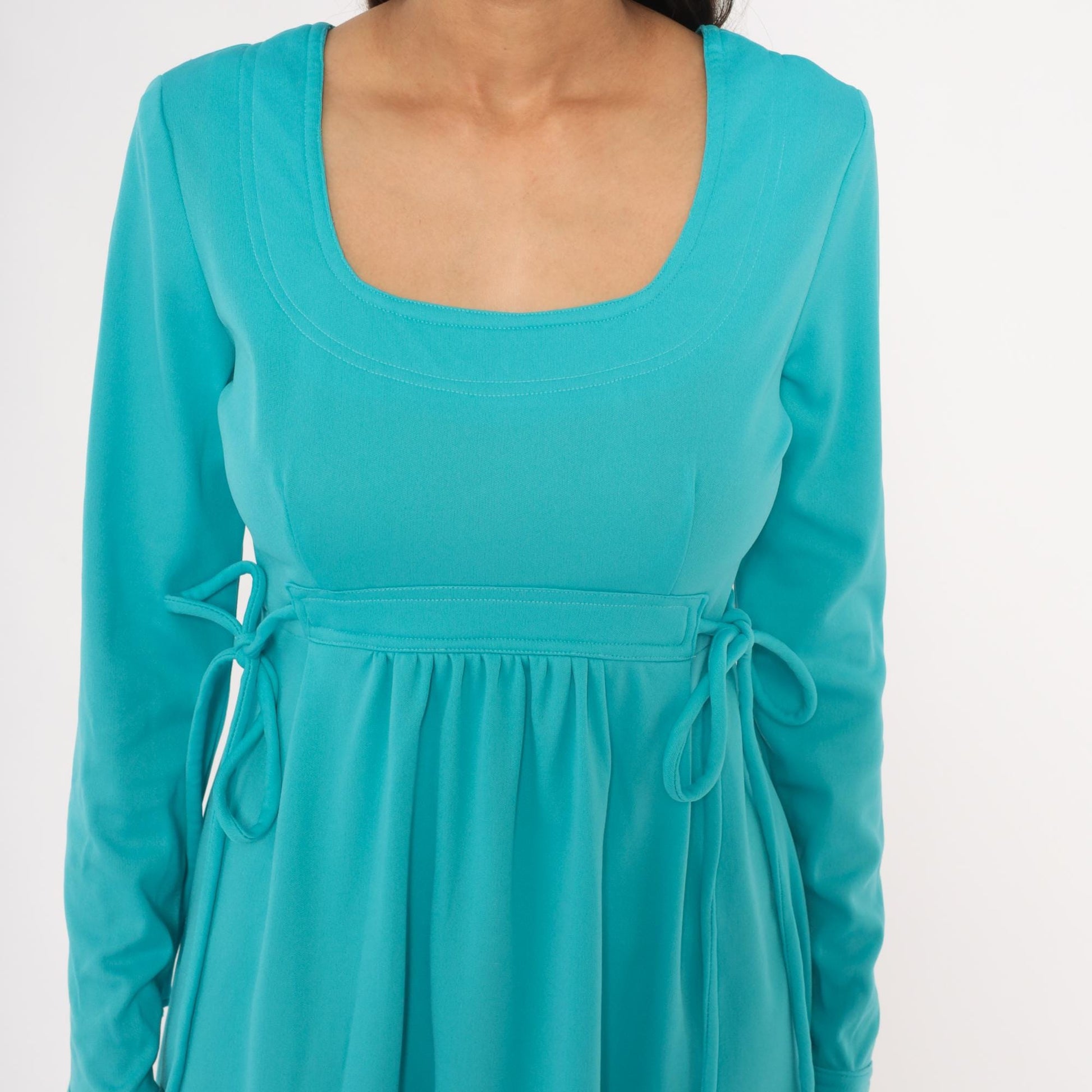 70s Aqua Babydoll Mini Dress Empire Waist Tie Side Long Sleeve Medium M