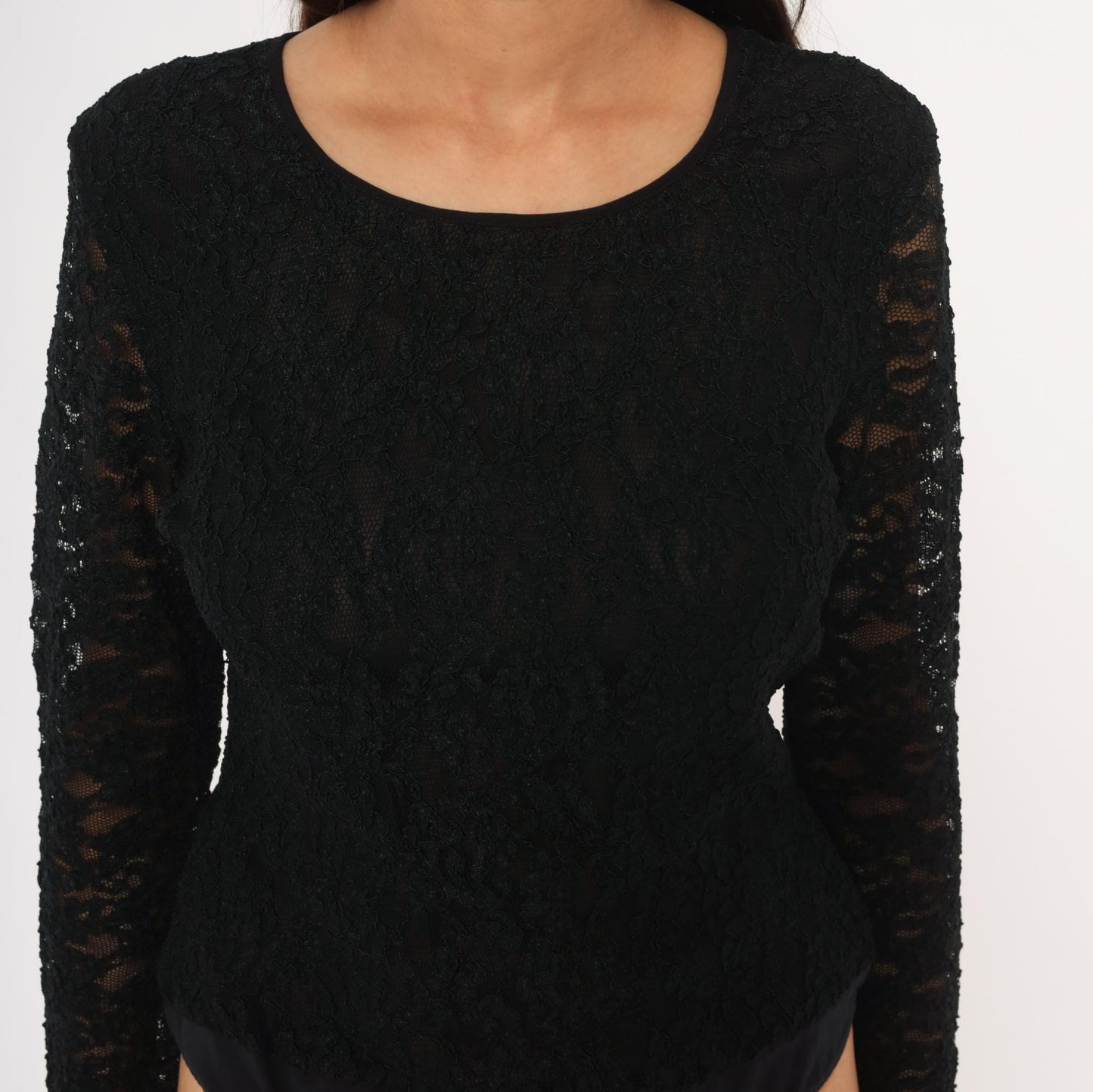 90s Ann Taylor Black Lace Bodysuit Long Sleeve Floral Overlay Large L