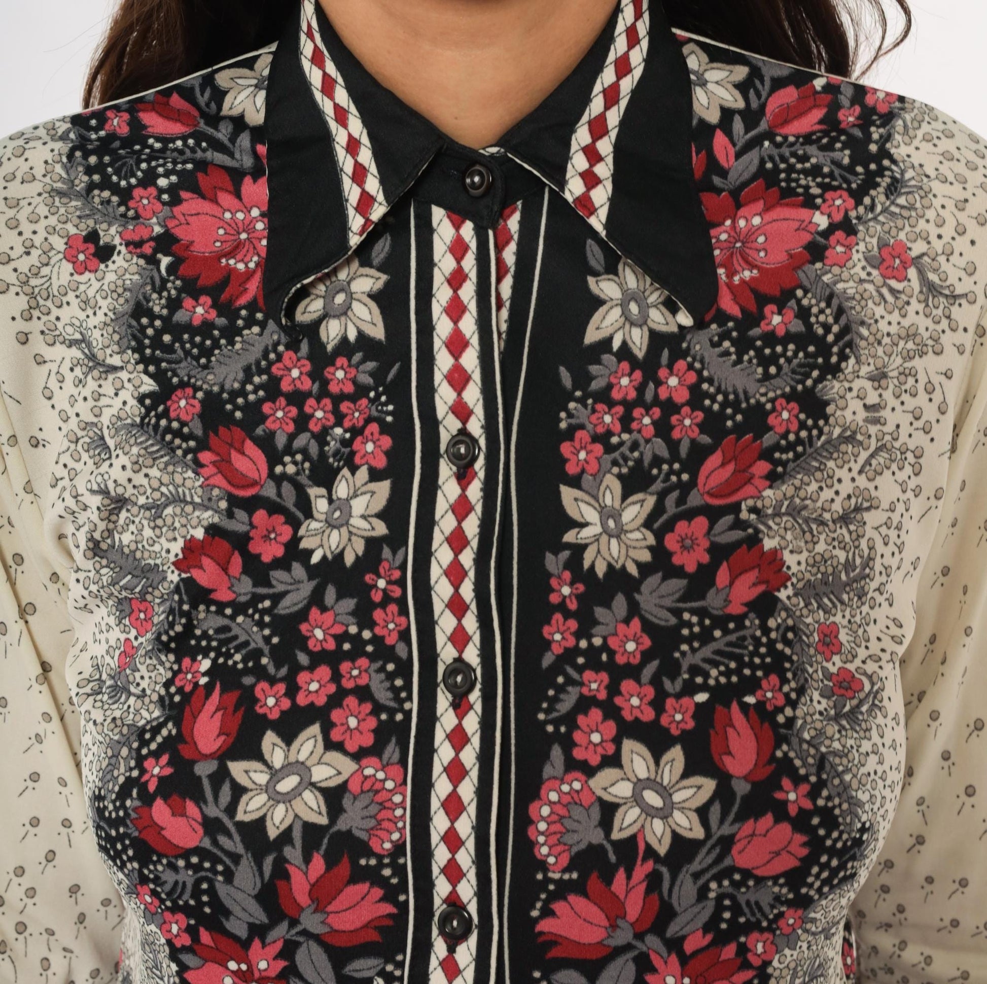 70s Floral Nylon Button-Front Blouse Black Red Cream Pointed Collar Small