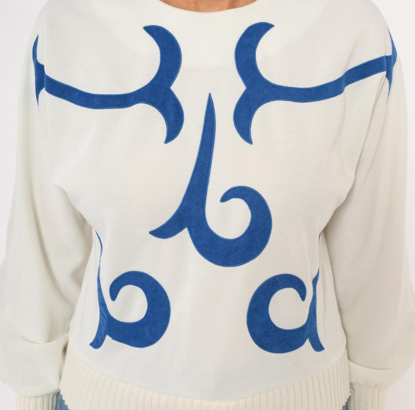 80s Leslie Fay White Cobalt Appliqué Sweatshirt Cropped Balloon Sleeve Extra Small XS