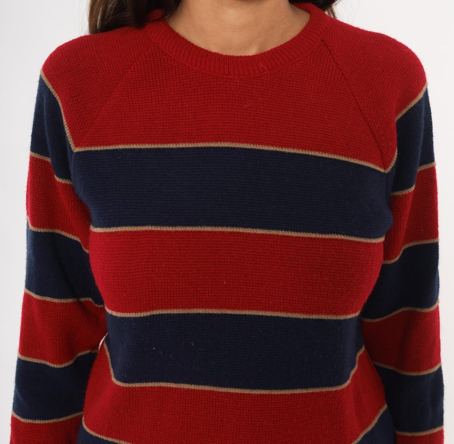 80s Striped Raglan Pullover Sweater Red Navy Burgundy Knit Small