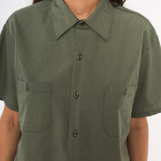 70s Sears Olive Work Shirt Pointed Collar Short Sleeve Utility Blouse Medium M