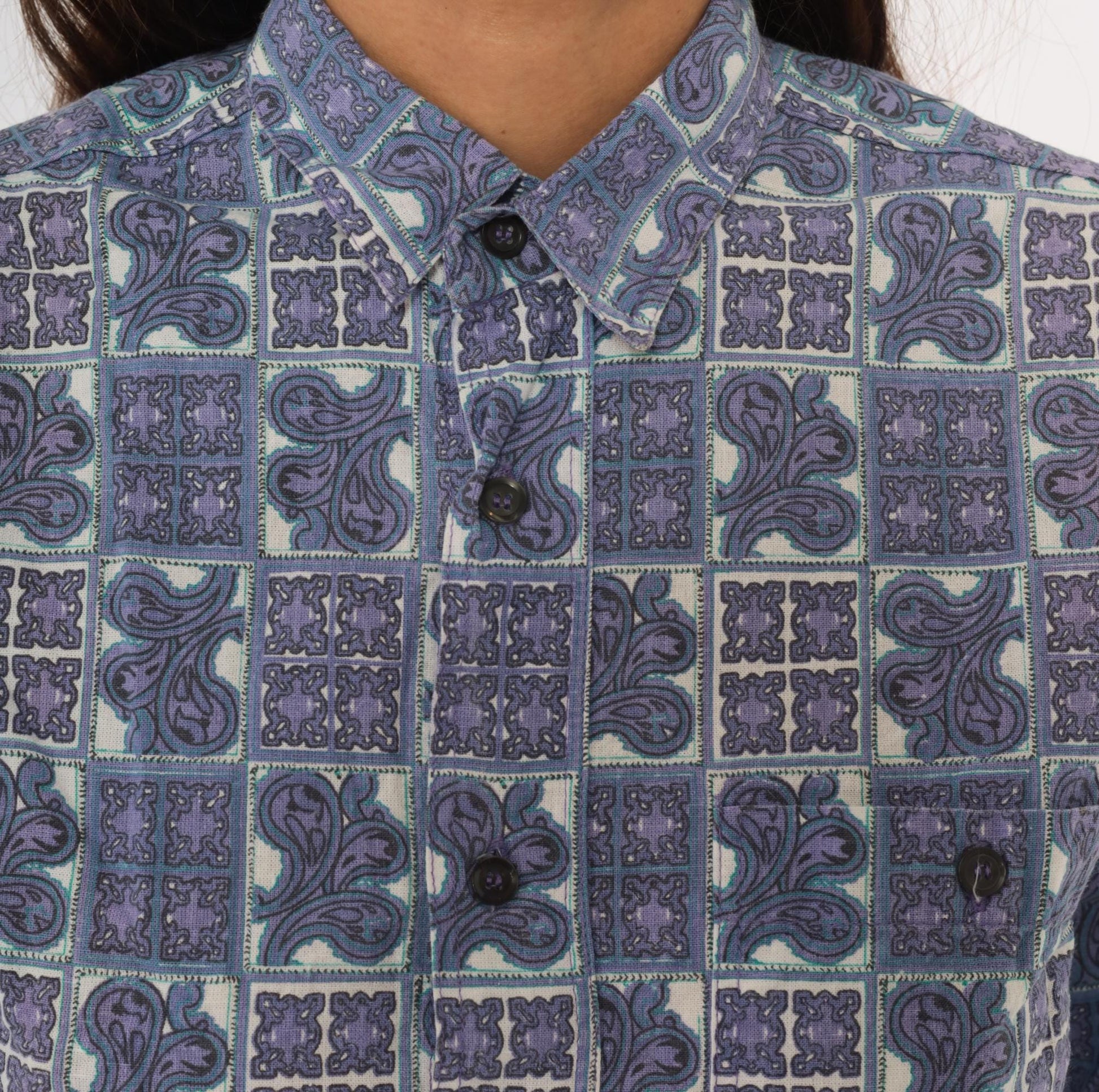 90s Tomorrow's Generation Tile Print Shirt Purple Paisley Cotton XS