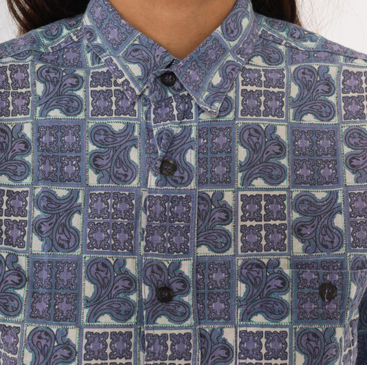 90s Tomorrow's Generation Tile Print Shirt Purple Paisley Cotton XS
