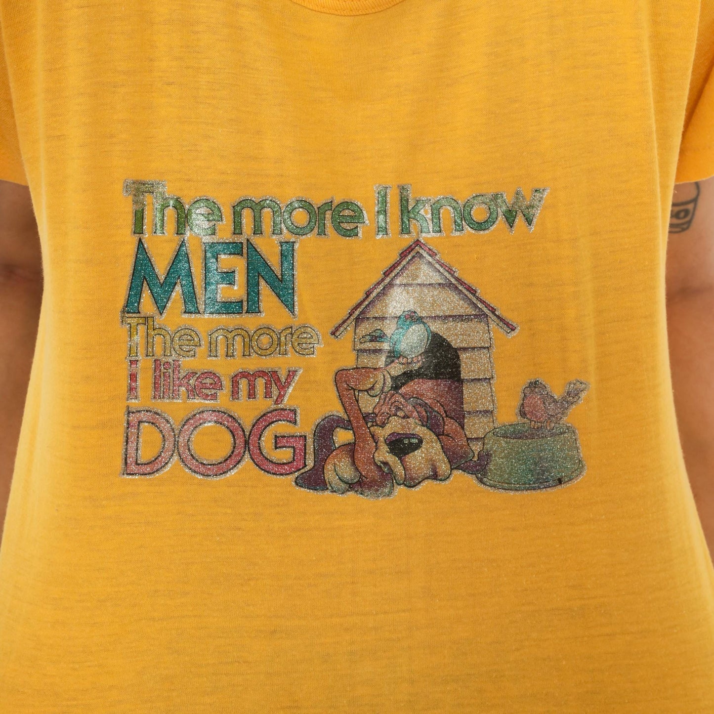 80s Poltermann Glitter Dog Graphic Tee Yellow Cotton Novelty Small