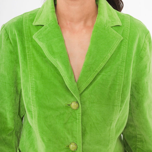 2000s RQT Lime Green Velvet Blazer Cotton Fitted Two-Button Jacket Large L