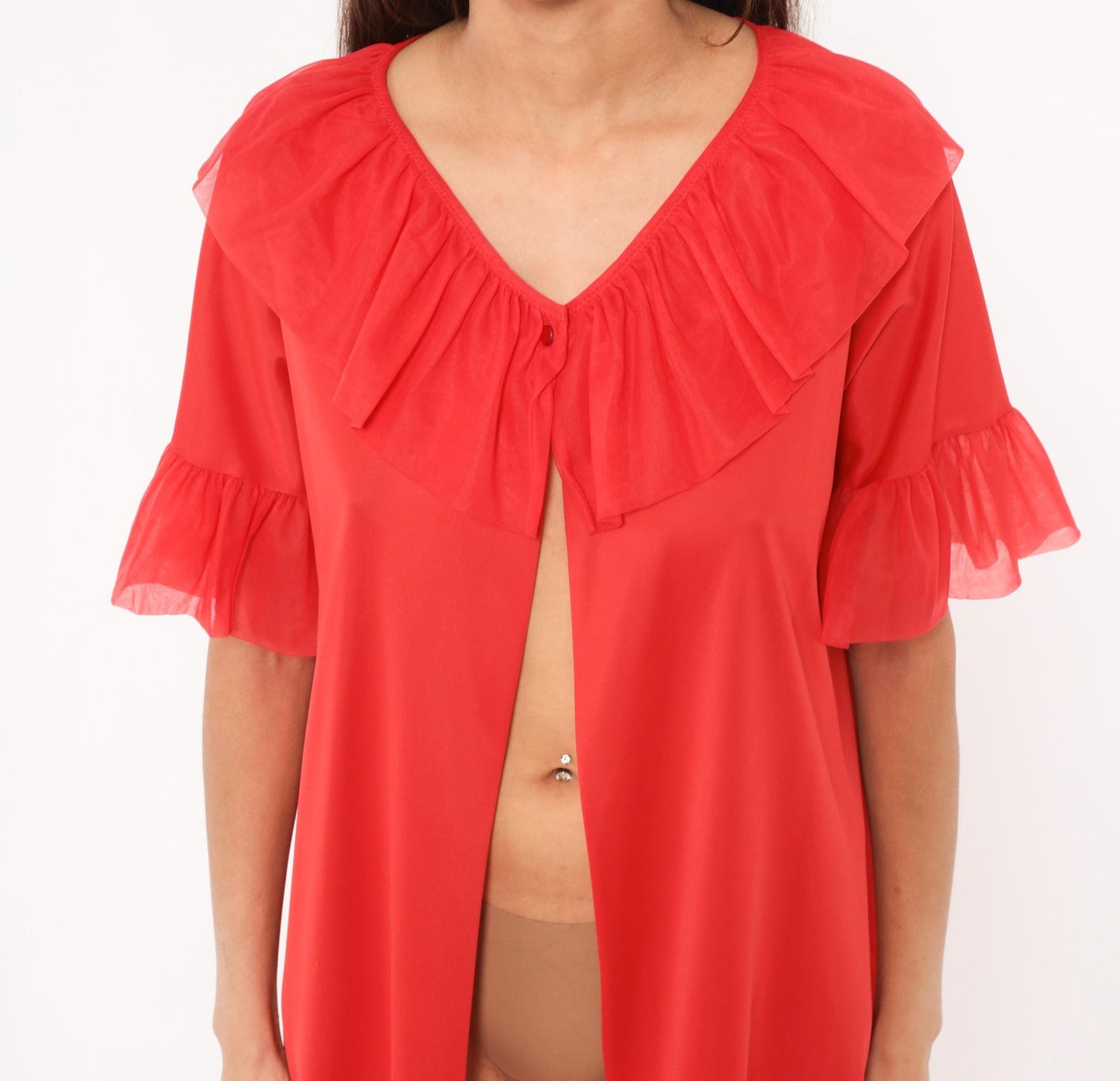 70s Le Voys Red Peignoir Robe Sheer Ruffle Collar Flutter Sleeve Medium