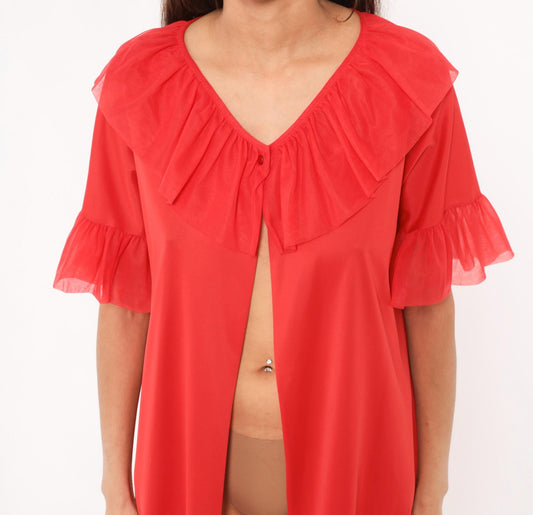 70s Le Voys Red Peignoir Robe Sheer Ruffle Collar Flutter Sleeve Medium
