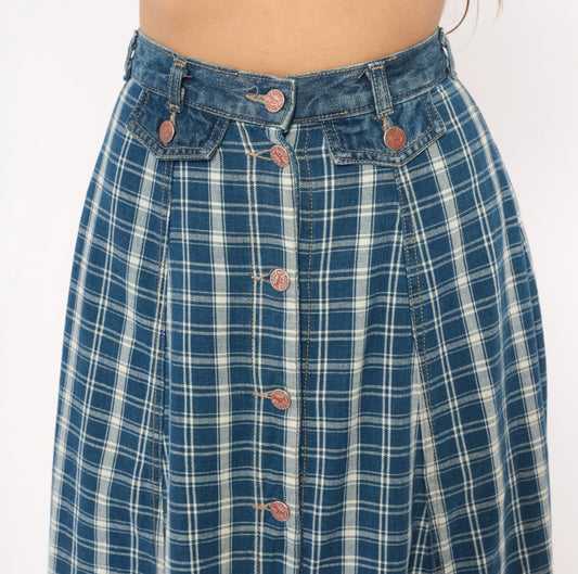 90s Outlaw Blue Plaid Cotton Midi Skirt Button Front XS