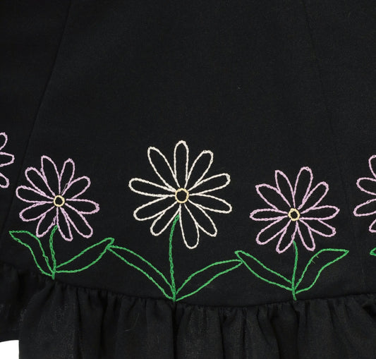 70s Black Circle Skirt Embroidered Daisy Ruffle Hem Knee Length Small