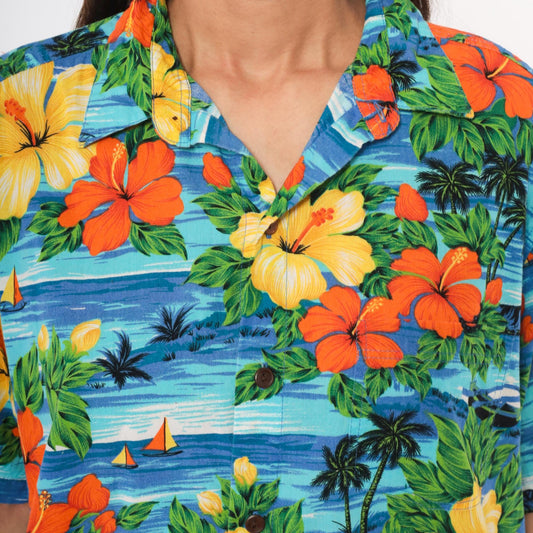 2000s Squish Wear Hawaiian Camp Collar Shirt Tropical Hibiscus Cotton Large L