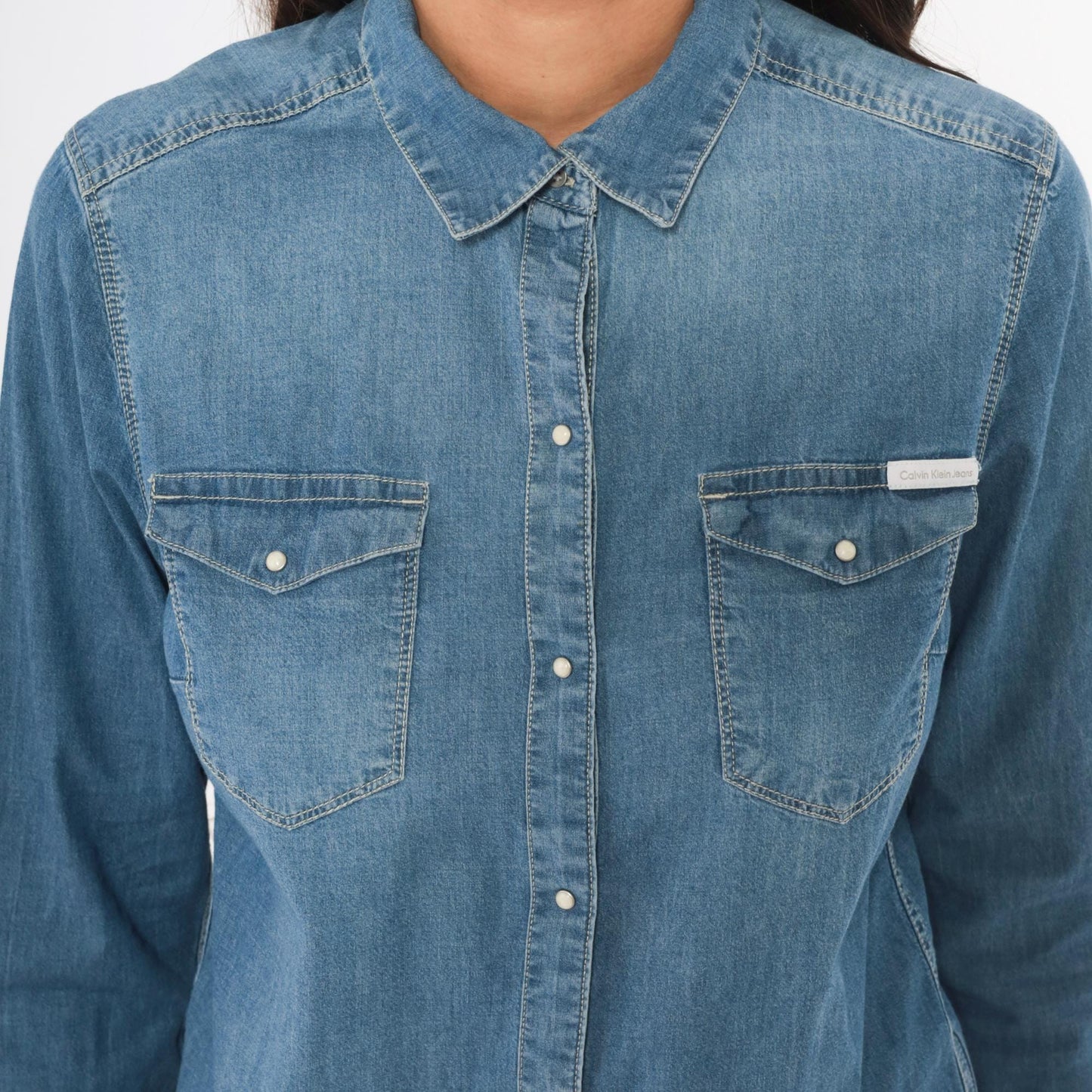 Calvin Klein Jeans Denim Shirt Western Snap Button Blue Chambray Small S