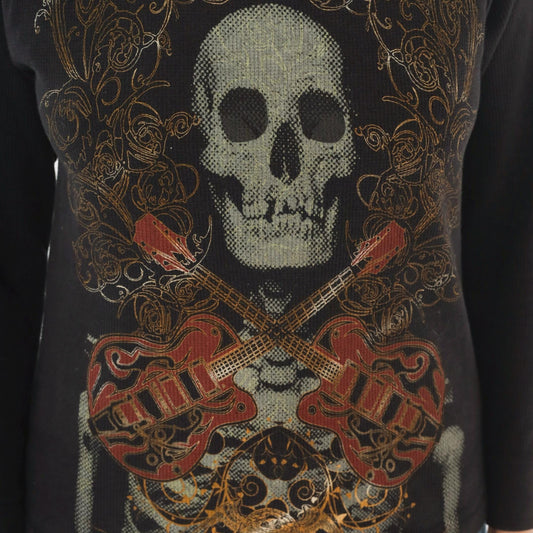 Y2K Skull Crossbones Guitar Long Sleeve Thermal Top Black Medium M