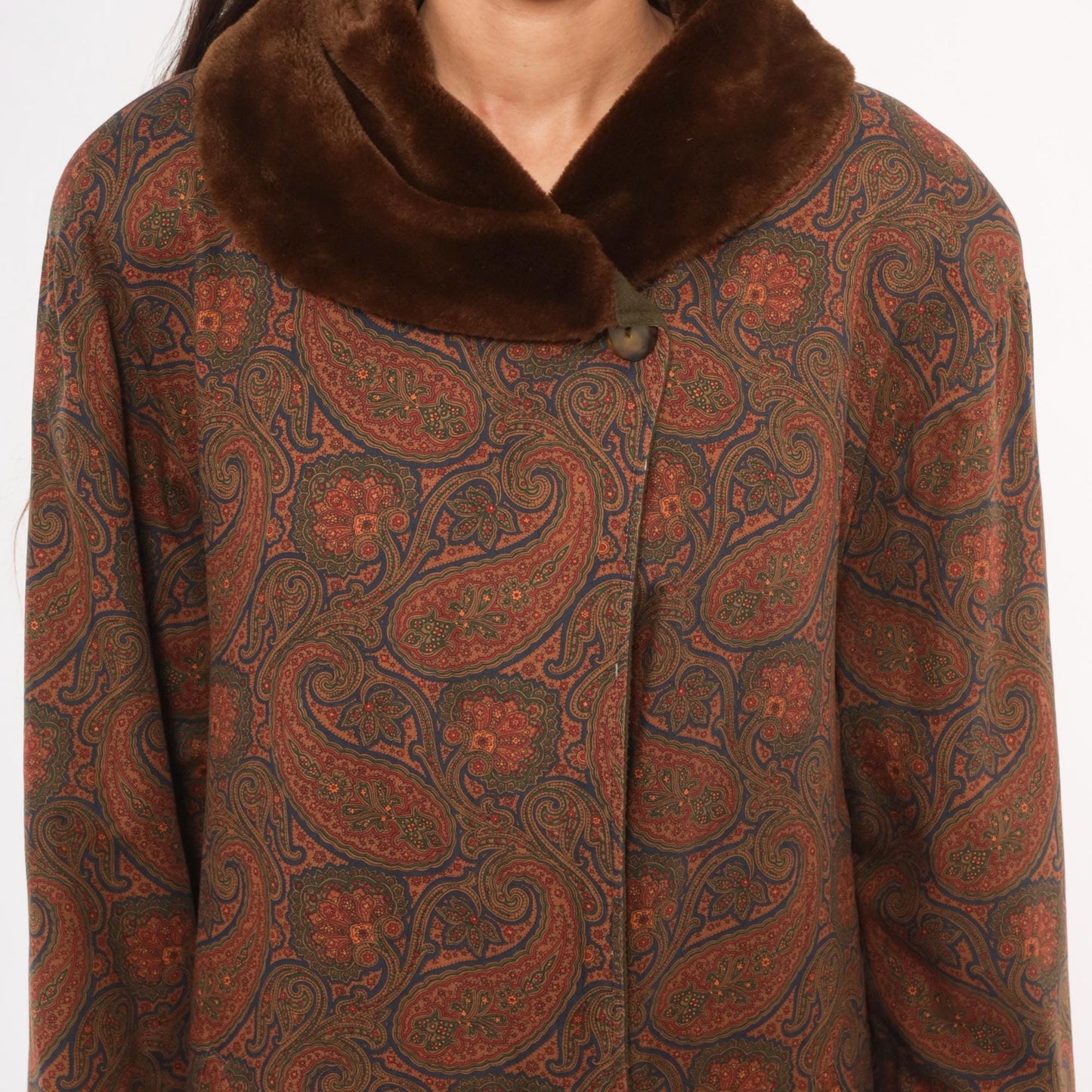 1970s Bill Blass Paisley Wool Maxi Coat Fur Collar Brown Olive Medium M
