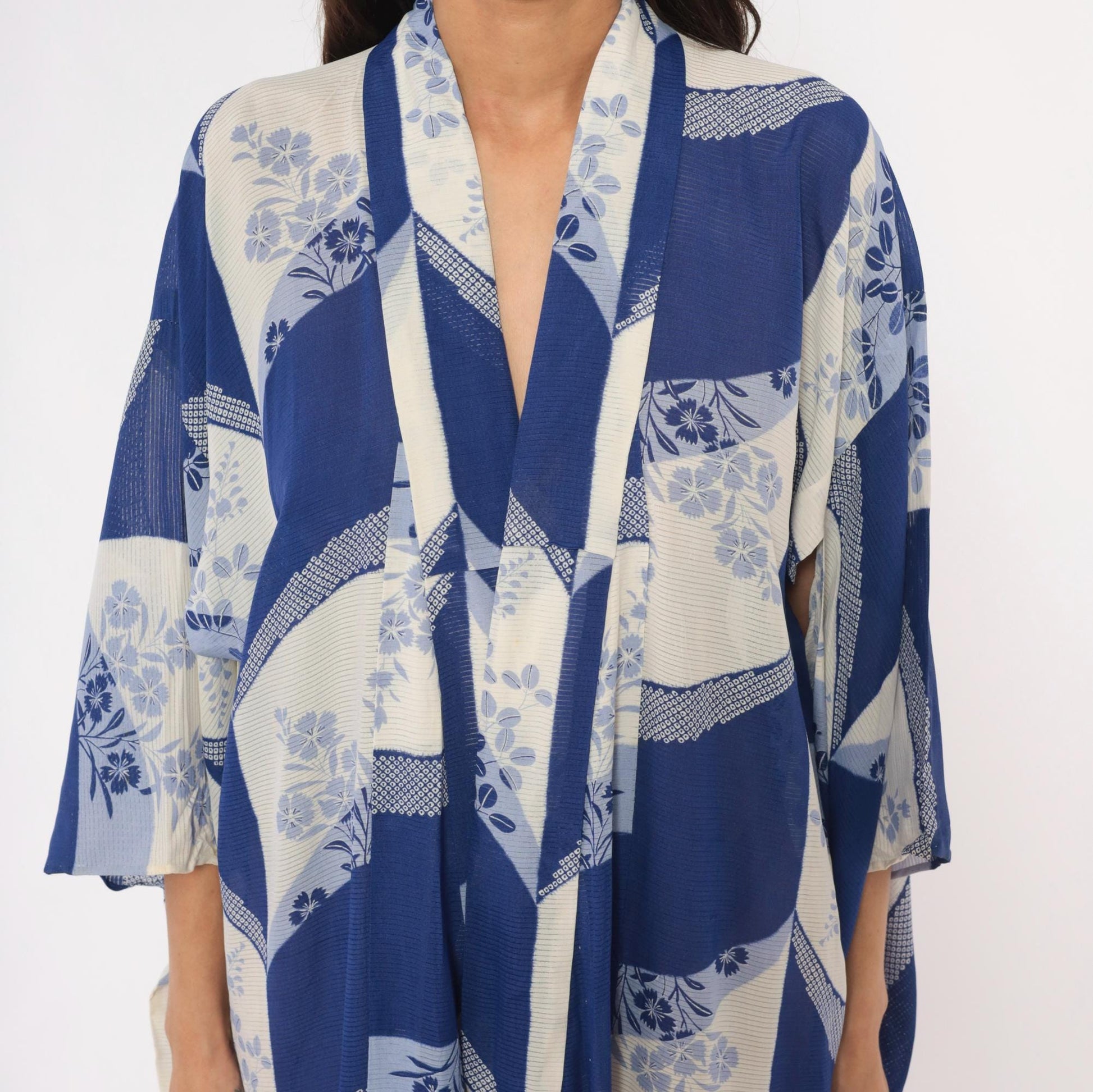 70s Japanese Kimono Robe Cobalt Blue Floral Maxi Open Front Small to Large