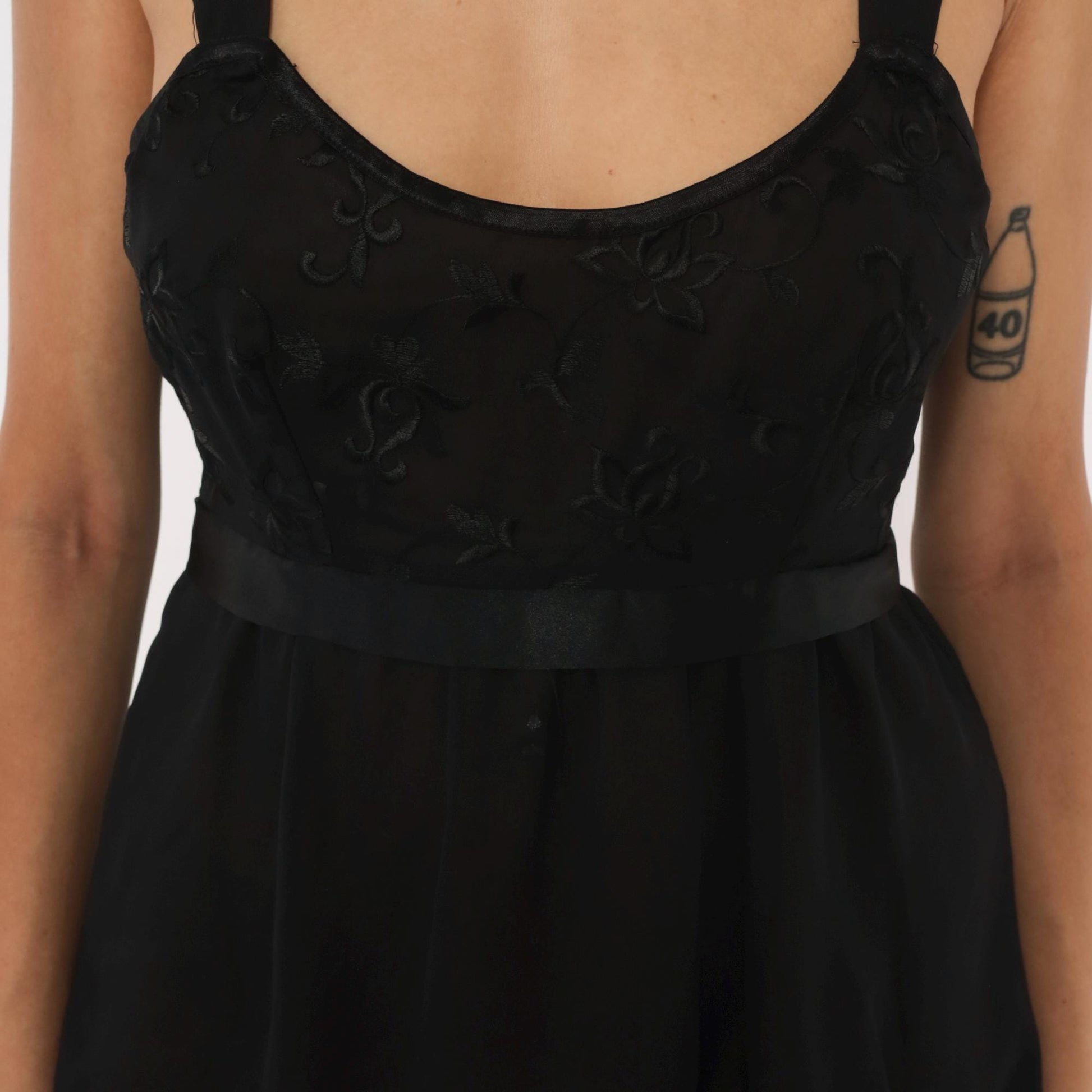 Y2K Just Flora Black Embroidered Babydoll Mini Dress Sheer Chiffon Lace Large L