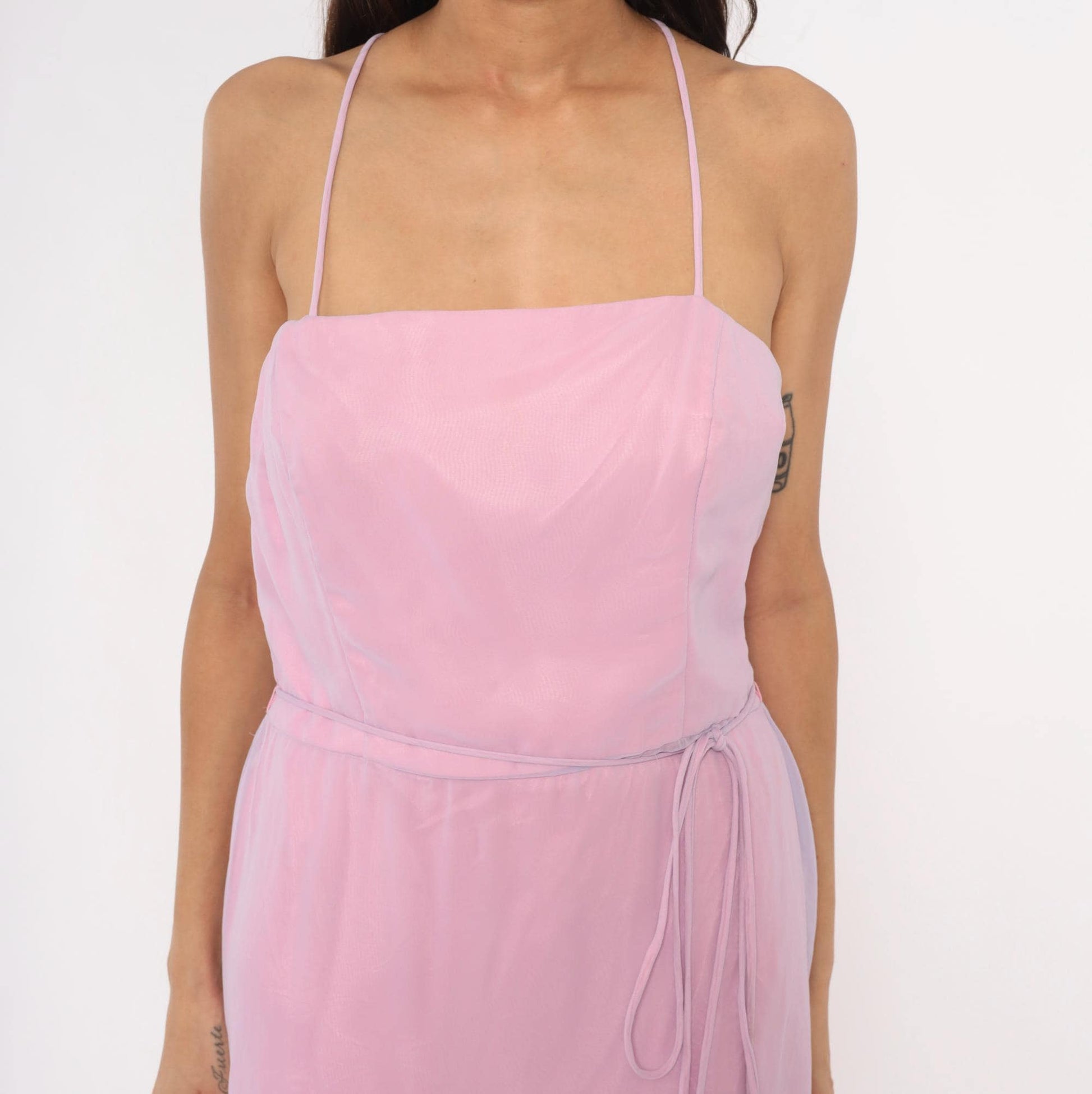 90s Jim Hjelm Lilac Pink Chiffon Maxi Gown Spaghetti Strap Criss Cross Back Medium M