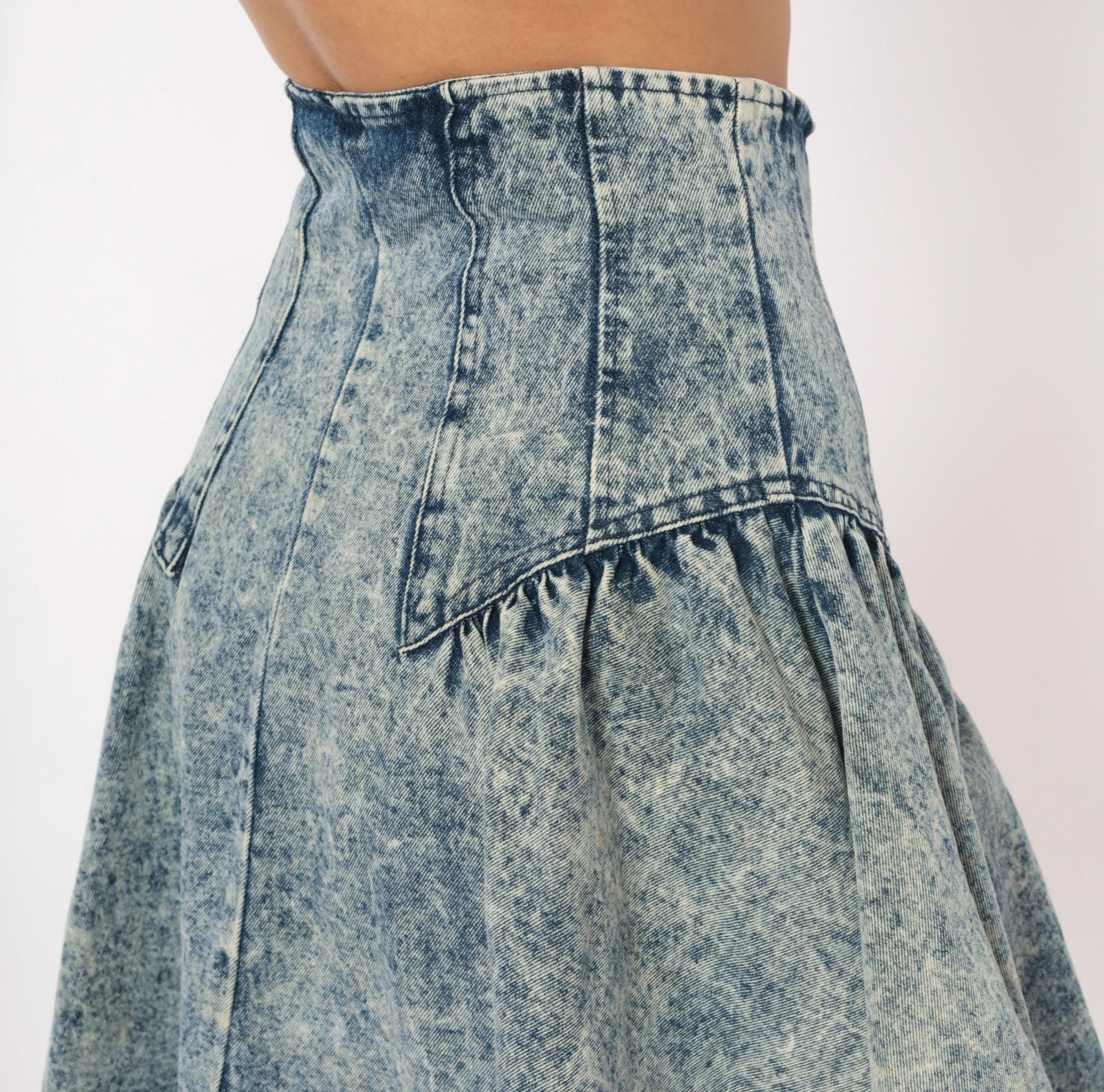 90s Weathered Blues Acid Wash Denim Skirt High Waist A-Line Small S