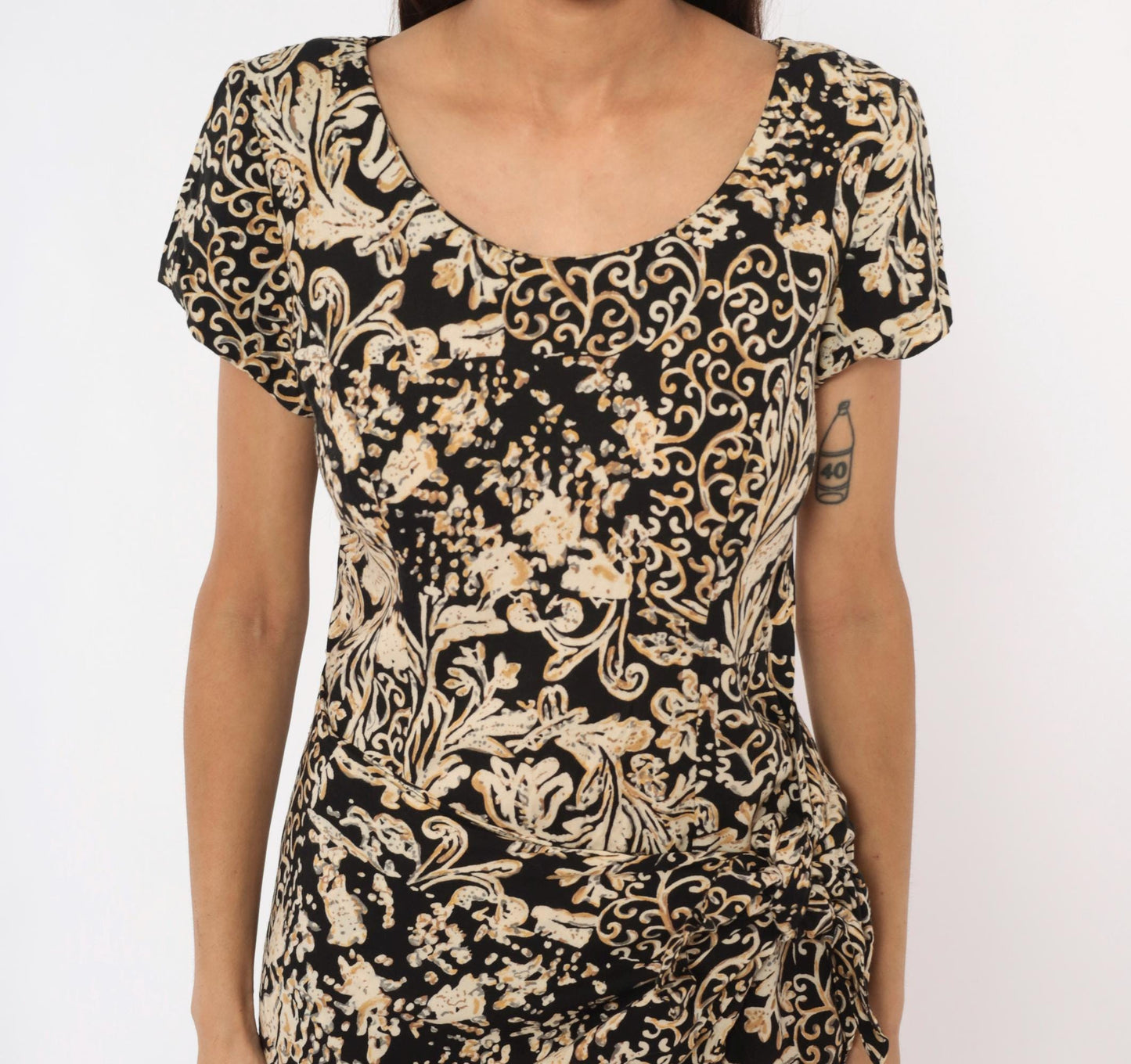 90s Jessica Howard Baroque Scroll Midi Dress Black Cream Floral Small