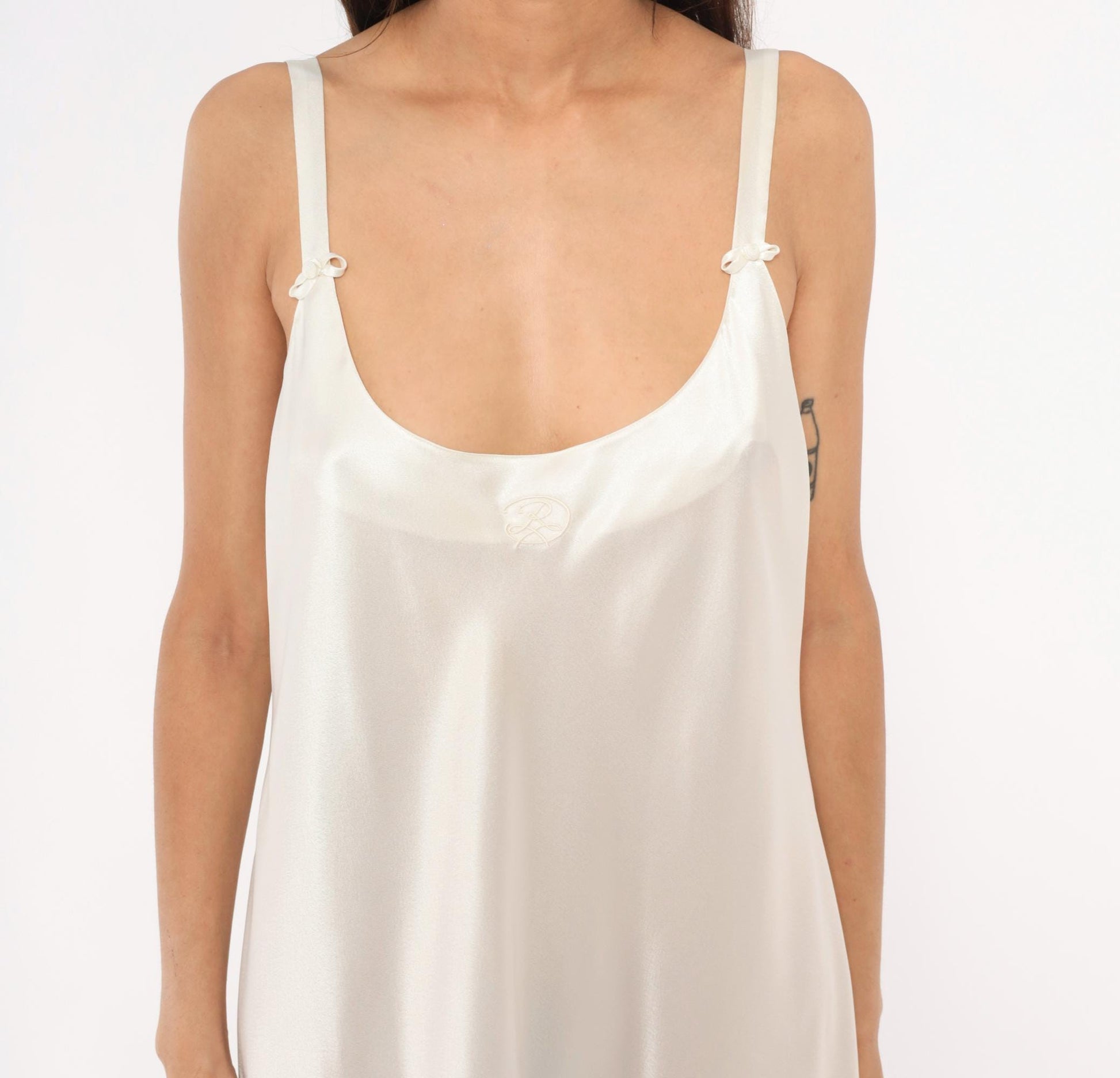 90s Oscar De La Renta Cream Satin Slip Dress Bow Detail Ankle Length Plus Size 1X