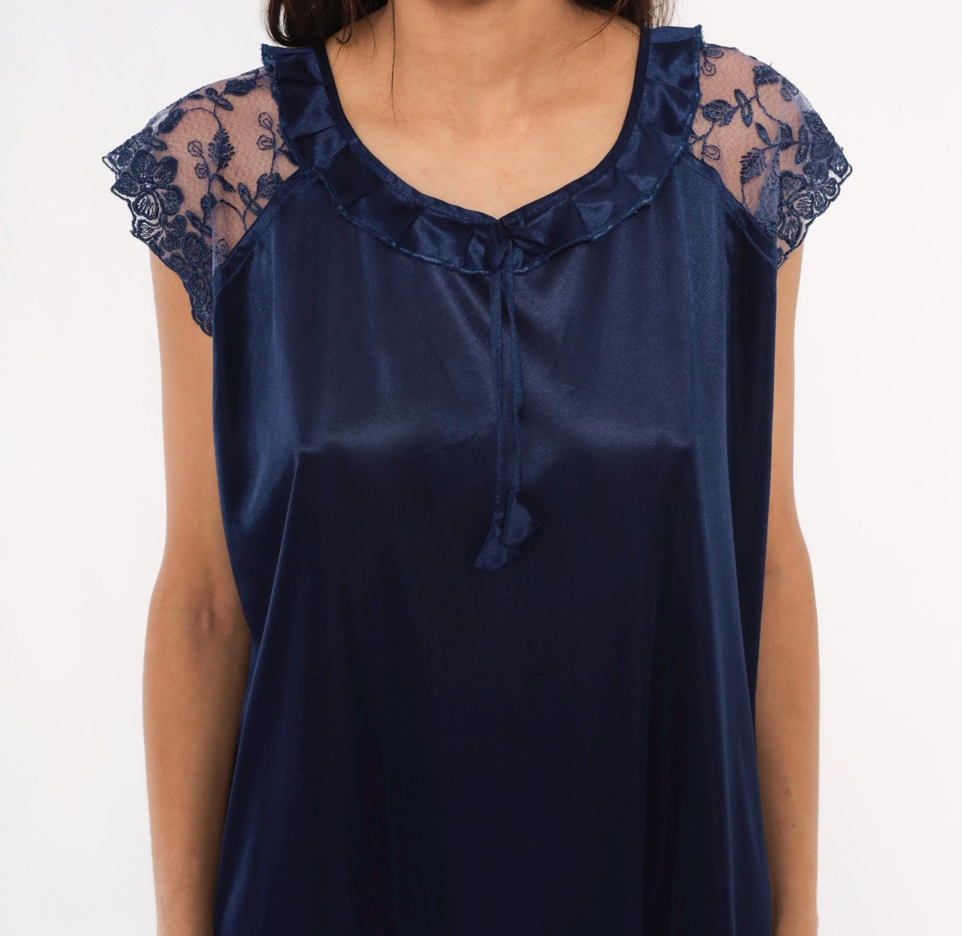 80s Navy Satin Nightgown Lace Cap Sleeve V-Neck Maxi Slip Dress Large