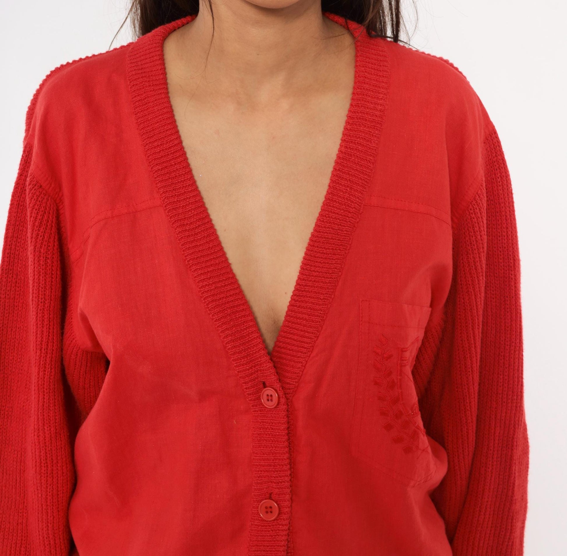 90s Shartex Red Cardigan V-Neck Button Front Knit Embroidered Crest Large L