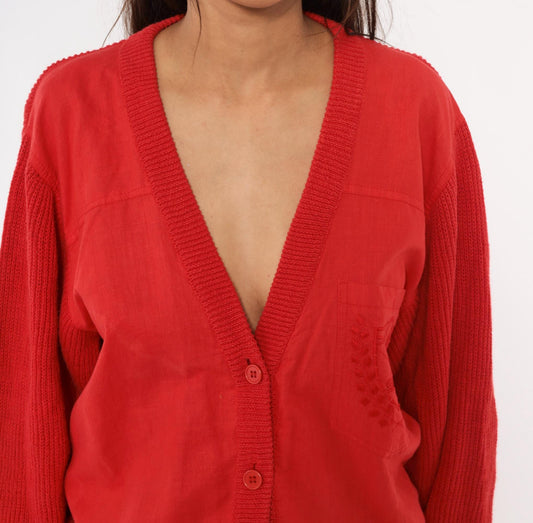 90s Shartex Red Cardigan V-Neck Button Front Knit Embroidered Crest Large L