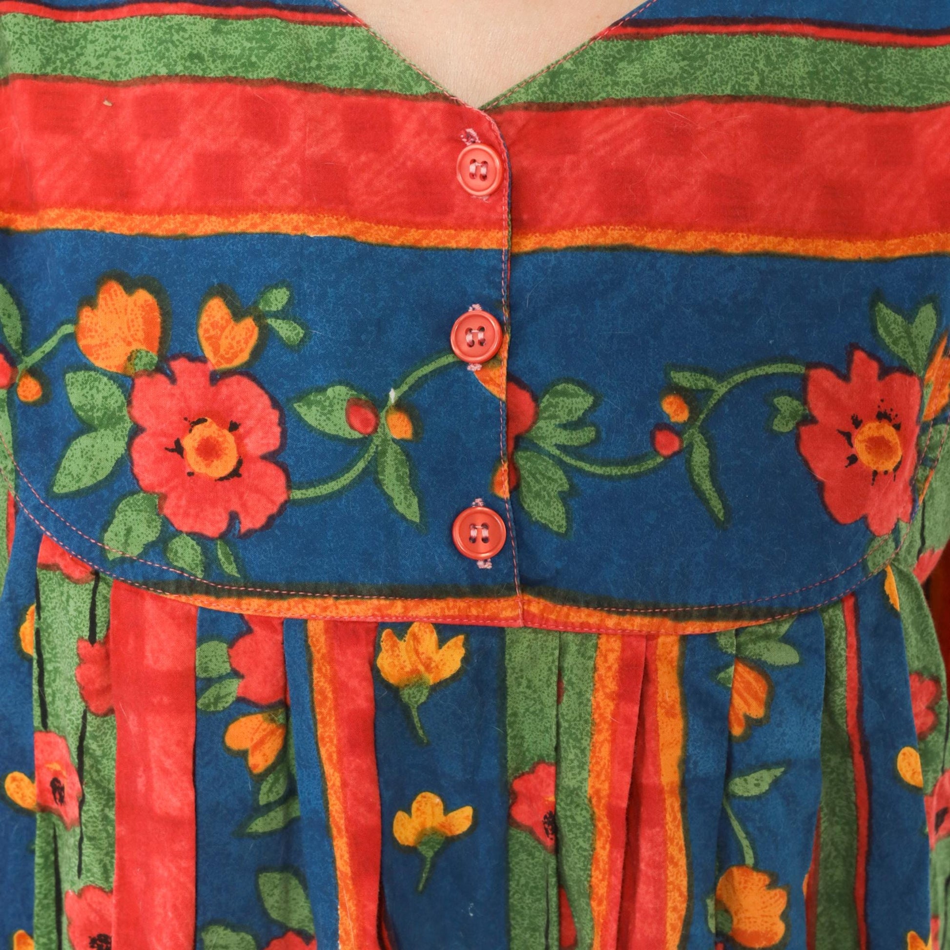 90s Floral Striped Cotton Empire Waist Dress Puff Sleeve Red Blue Green Medium