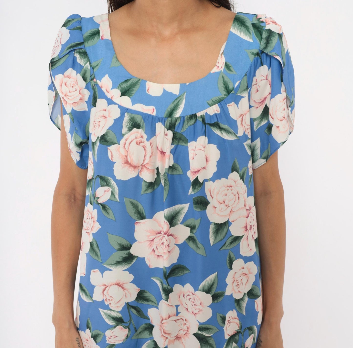 90s Paradise Bay Muumuu Midi Dress Blue Pink Rose Floral Puff Sleeve Large L