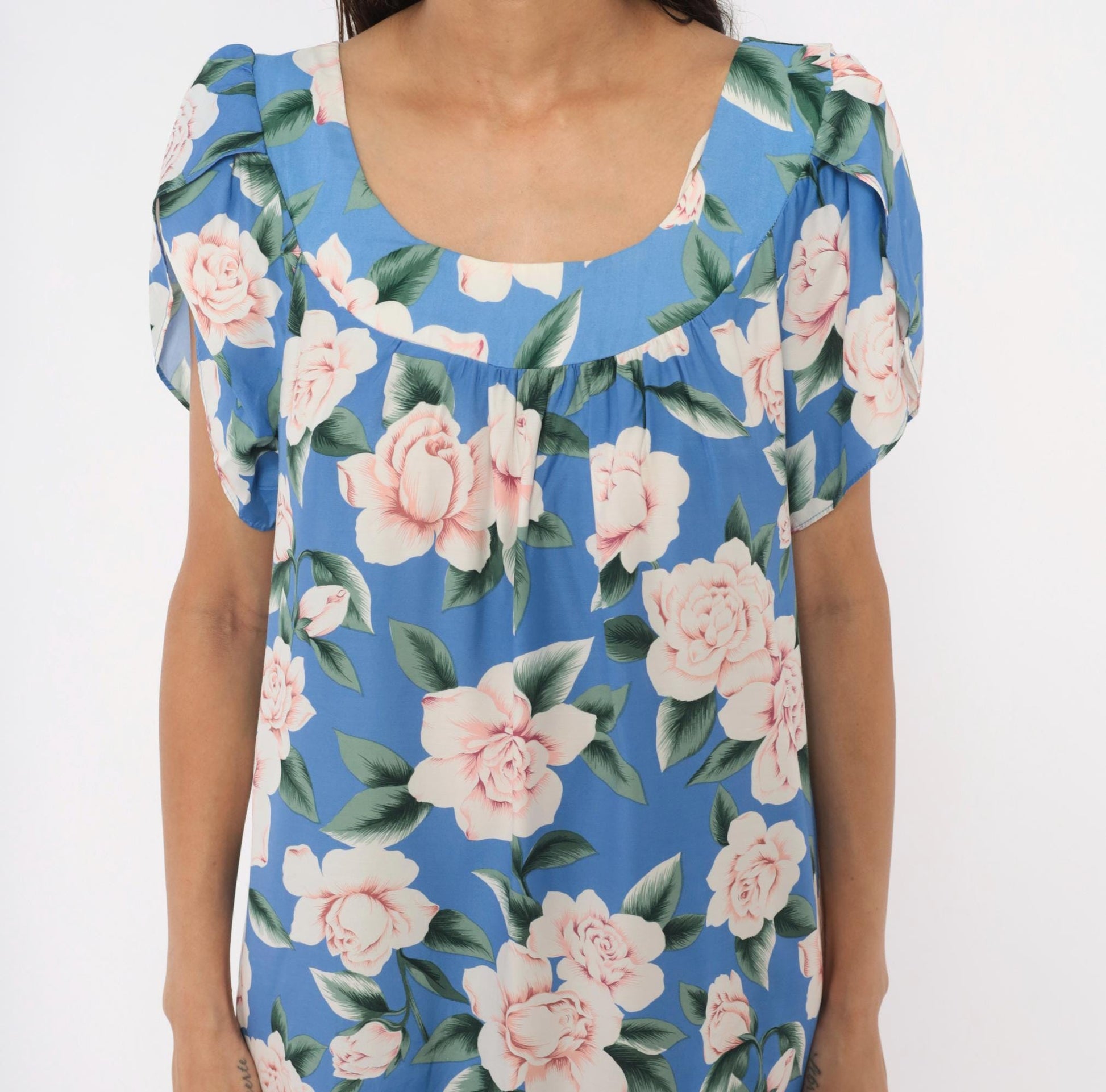 90s Paradise Bay Muumuu Midi Dress Blue Pink Rose Floral Puff Sleeve Large L