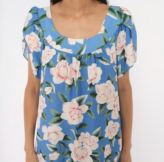90s Paradise Bay Muumuu Midi Dress Blue Pink Rose Floral Puff Sleeve Large L