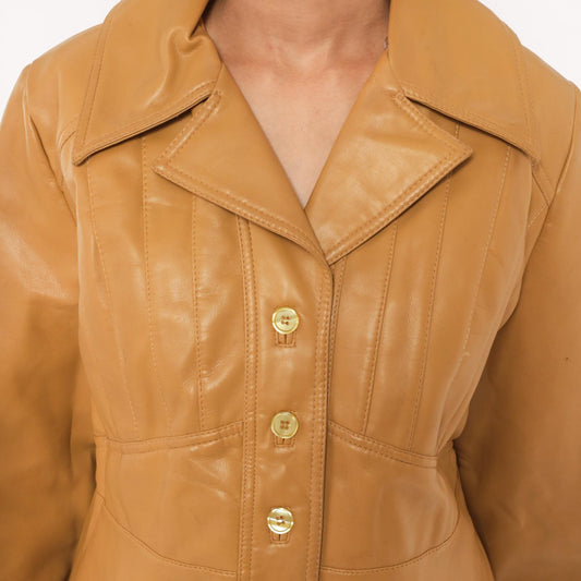 70s Mod-Maid Vinyl Coat Tan Button Front Notched Collar Mini Trench Large L