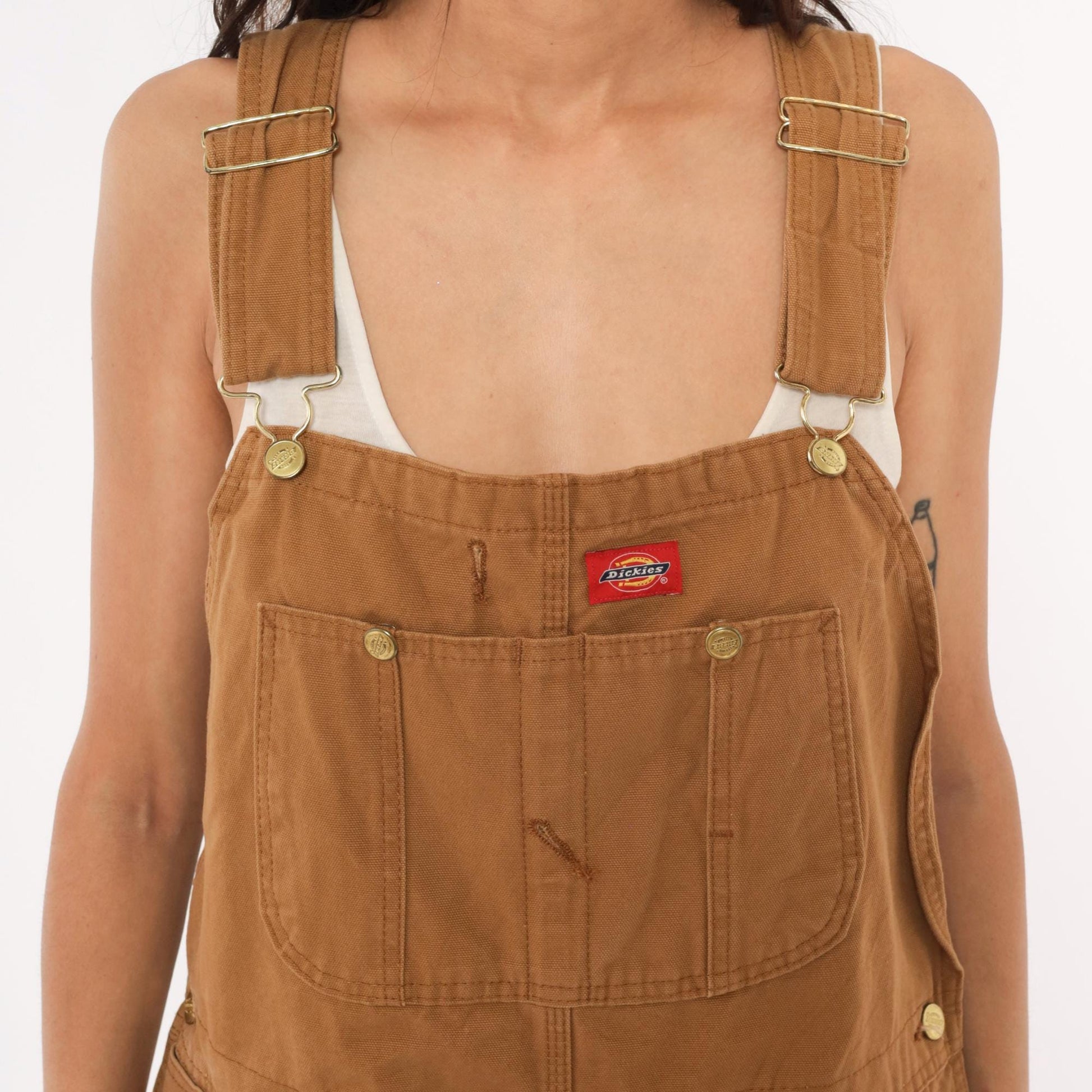 Dickies Canvas Bib Shortalls Cut-Off Shorts Tan Cargo Workwear Large L