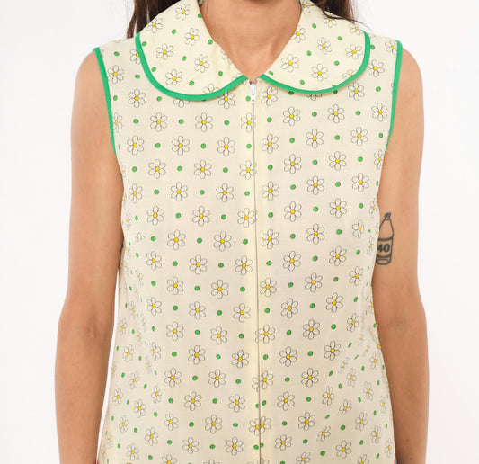 70s Gaymode Penneys Rooster Romper Daisy Print Peter Pan Collar Yellow Small