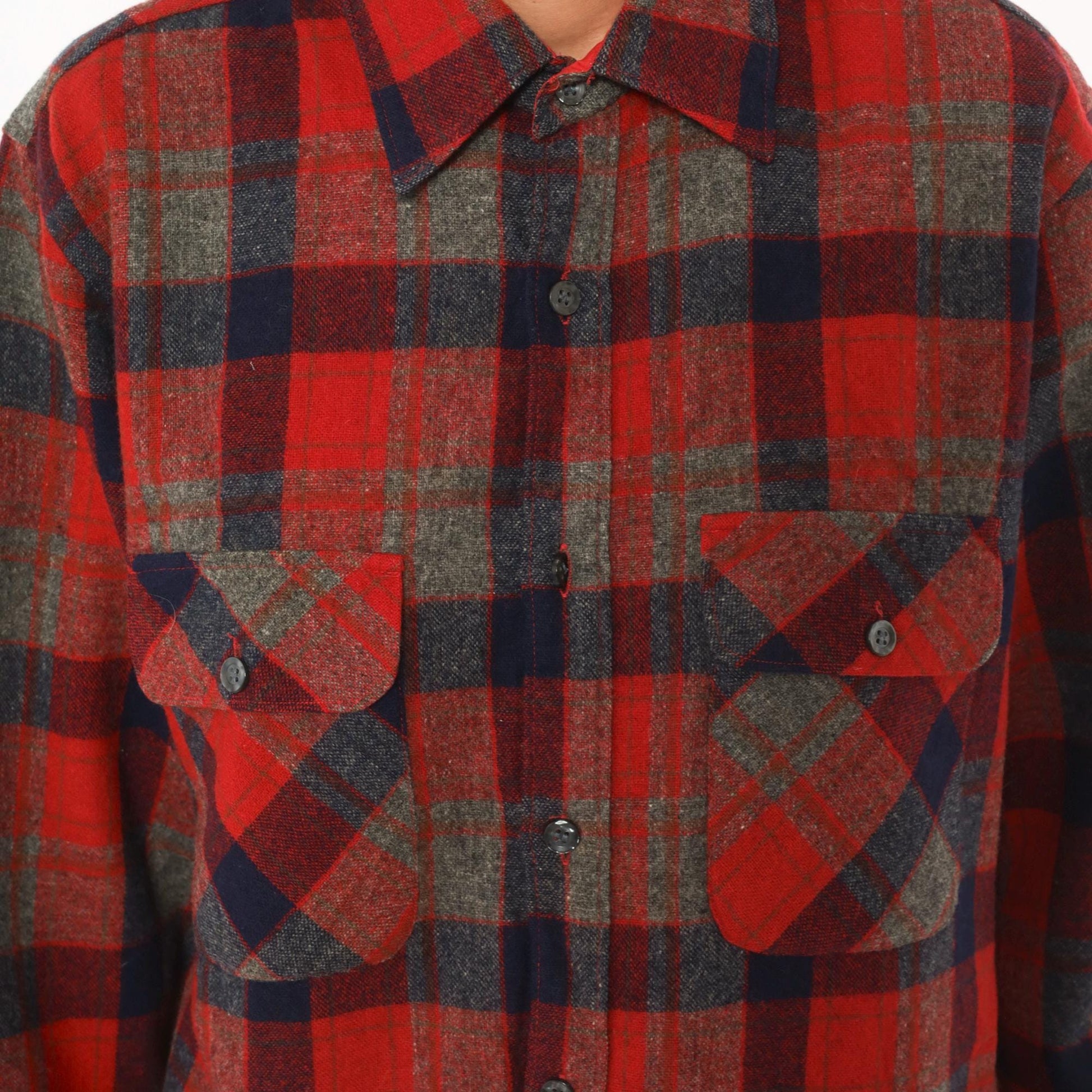 80s Woodland Wool Flannel Shirt Red Navy Grey Plaid Button-Up Small