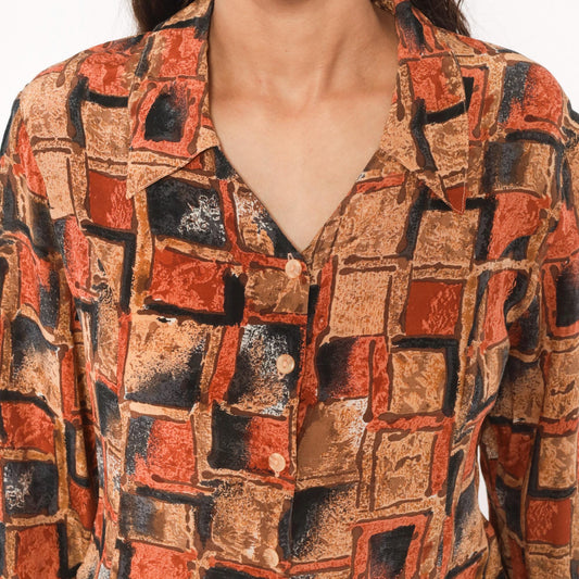 90s Quo-Silk Abstract Geometric Silk Blouse Cropped Rust Tan Small S