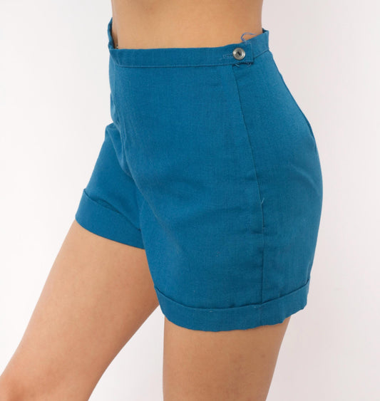 70s Teal High-Waisted Shorts Cotton V-Shaped Waistband Cuffed Small S