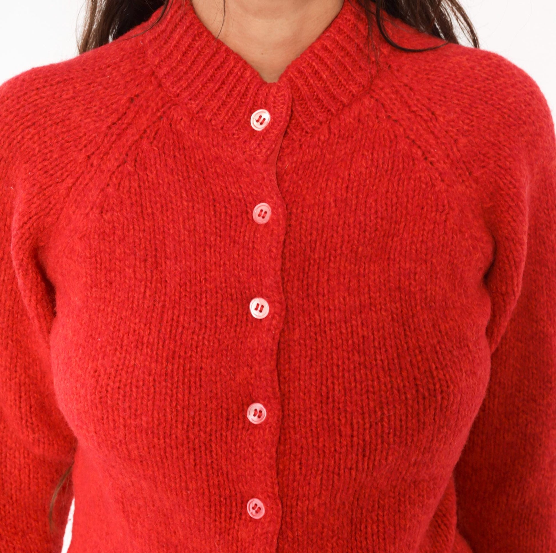 70s Bernhard Altmann Red Shetland Wool Cardigan Mock Neck Extra Small XS