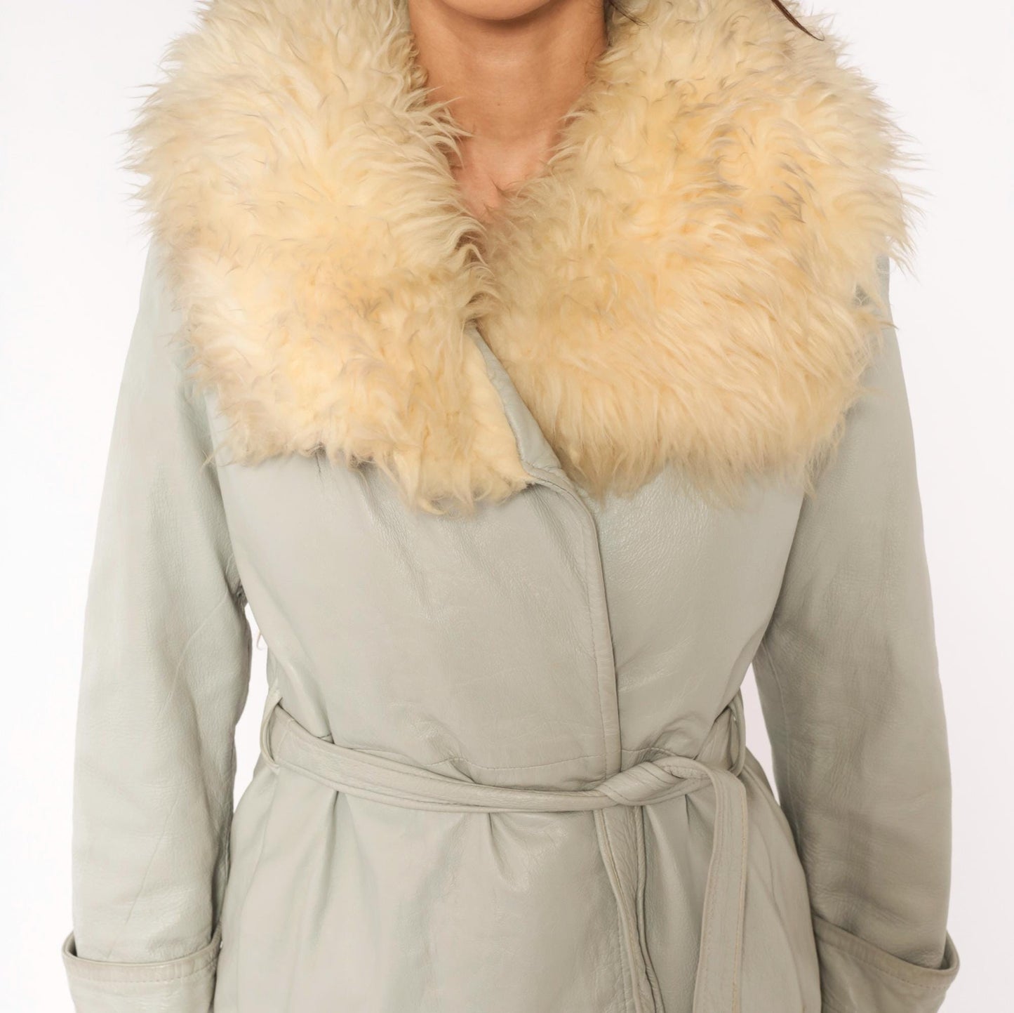 70s Grey Leather Coat Cream Fur Collar Belted Mini Jacket Small S