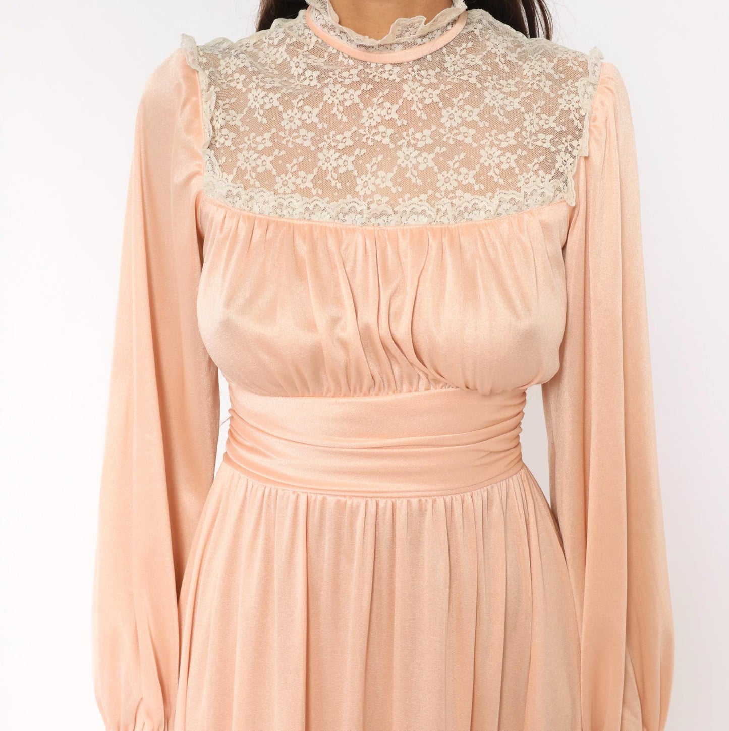 70s Peach Lace Maxi Gown High Neck Bishop Sleeve A-Line Small